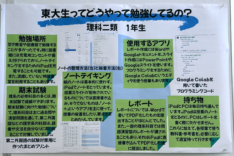 説明会場には、先輩方が手作りで作成されたポスターが貼られていました。勉強シーンの「東大生の日常の生活」や時間割などが描かれていました。