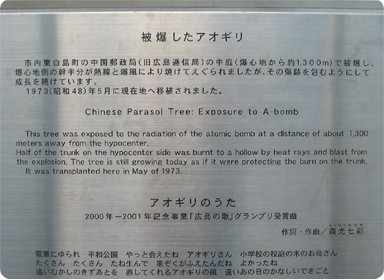 Plate in front of the A-bombed tree