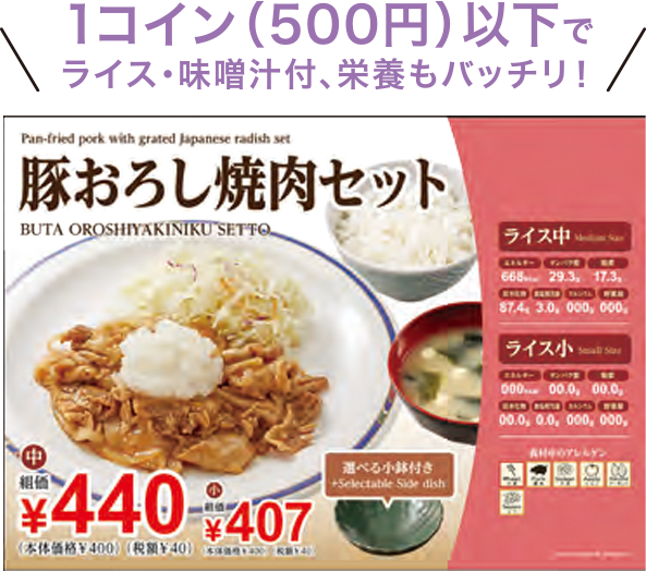 1コイン（500円）以下でライス・味噌汁付、栄養もバッチリ！